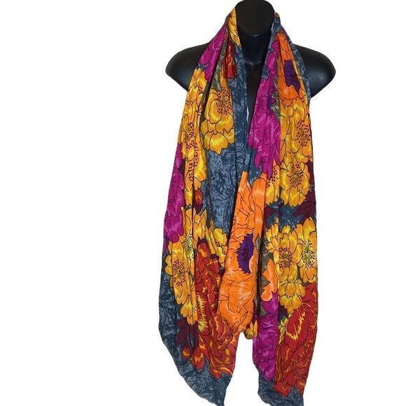 Large lightweight floral scarf raw hems bright colored artsy vibrant dopamine - Picture 1 of 6